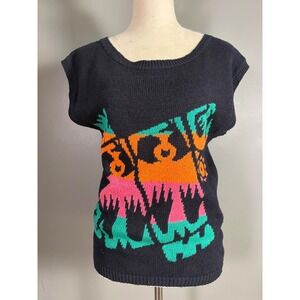 Vintage 90s Sergio Valente Knit Top Women M Neon Abstract Aztec Bold Art Chunky